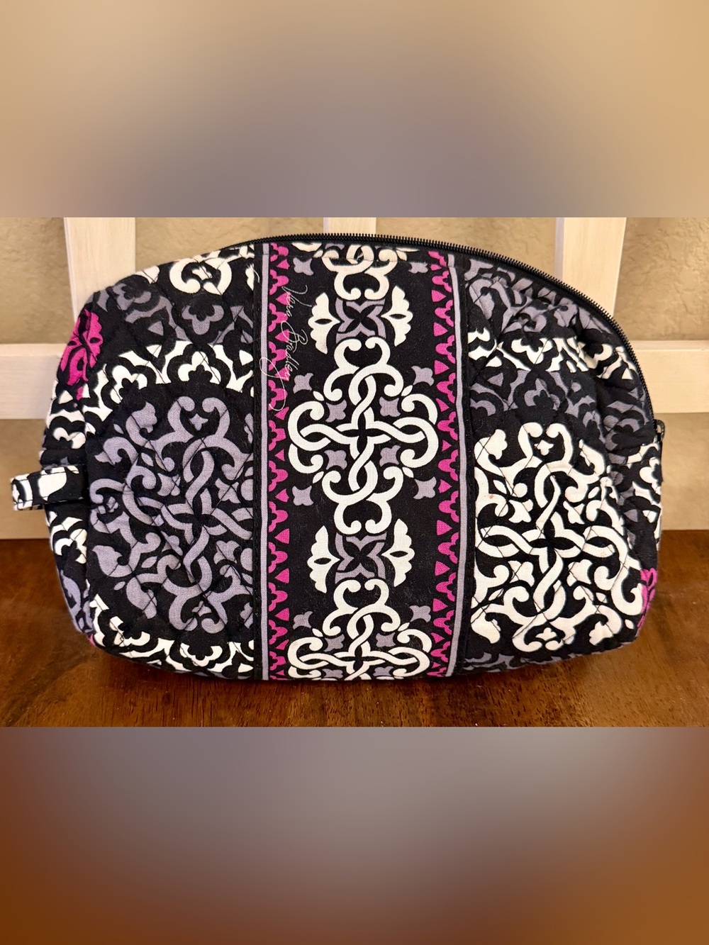Vera Bradley Magnet Links Cosmetic Bag Pink Black Quilted Makeup Pouch Lined